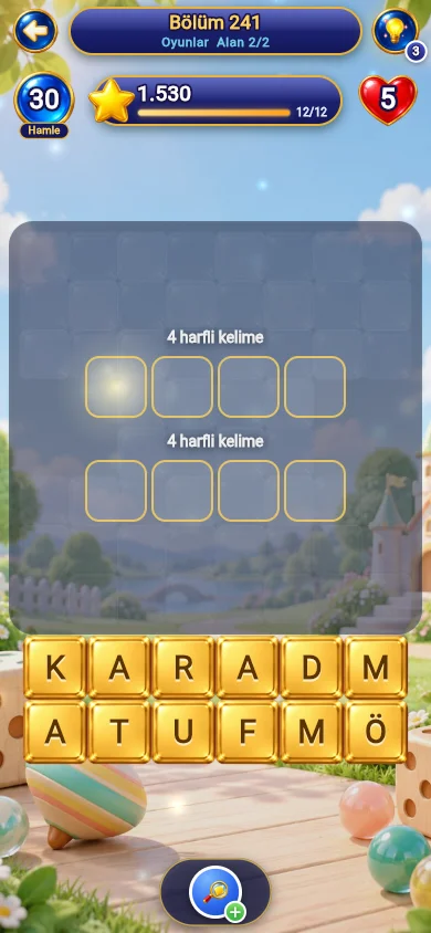 Arrange the collected letters into words. Each world brings its own theme and vocabulary.